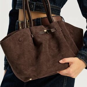 Commense Dark Brown Suede Leather-Trimmed Tote Bag